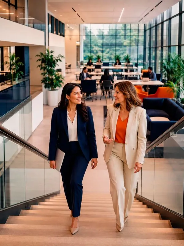 Dos profesionales conversan mientras suben unas escaleras en una oficina moderna como símbolo de avance y crecimiento empresarial.