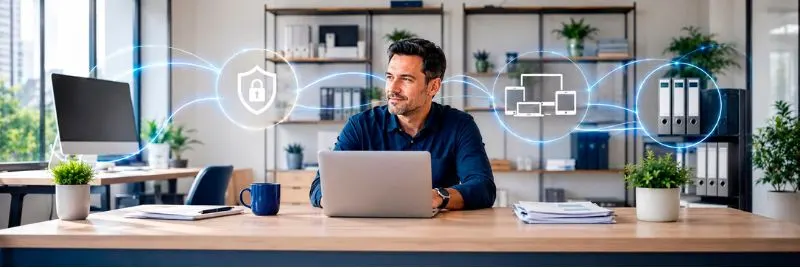 empresario-procesos-digitales Empresario trabajando con un portátil en una oficina conectada a iconos de seguridad, equipos e infraestructura tecnológica.