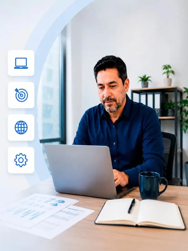 empresario-pyme-capacidades-tecnologicas Empresario trabajando con un portátil en su oficina junto a iconos que representan servicios y capacidades digitales.