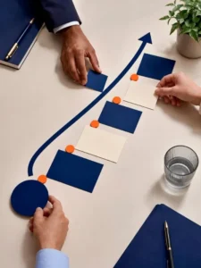 plan-objetivos-empresas Manos organizan las etapas de un plan sobre una mesa junto a una flecha ascendente que representa el avance empresarial.