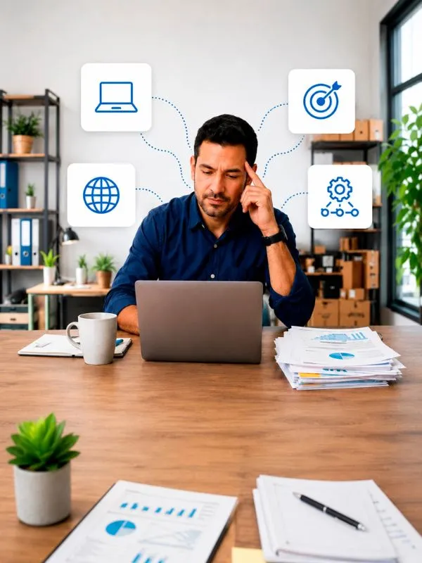 reto-necesidades-digitales-pyme Empresario frente a su portátil rodeado de iconos que representan distintas necesidades tecnológicas y digitales de una PYME.